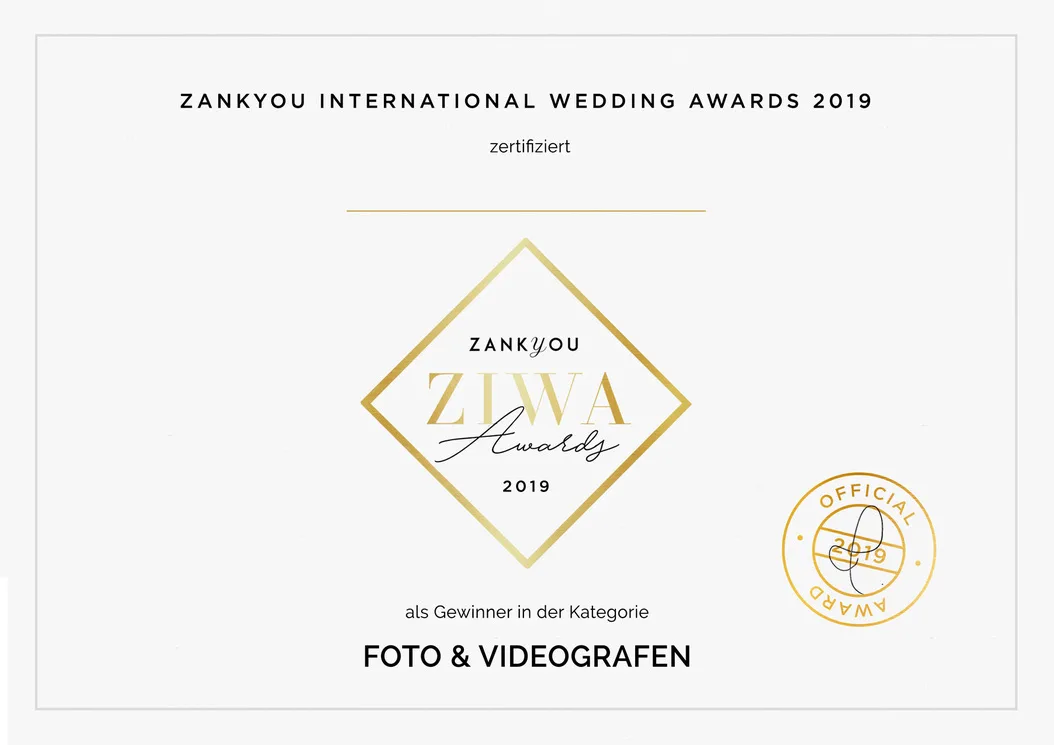 Zertifikat der Zankyou International Wedding Awards 2019 für MOKATI als Gewinner in der Kategorie Foto und Videografen